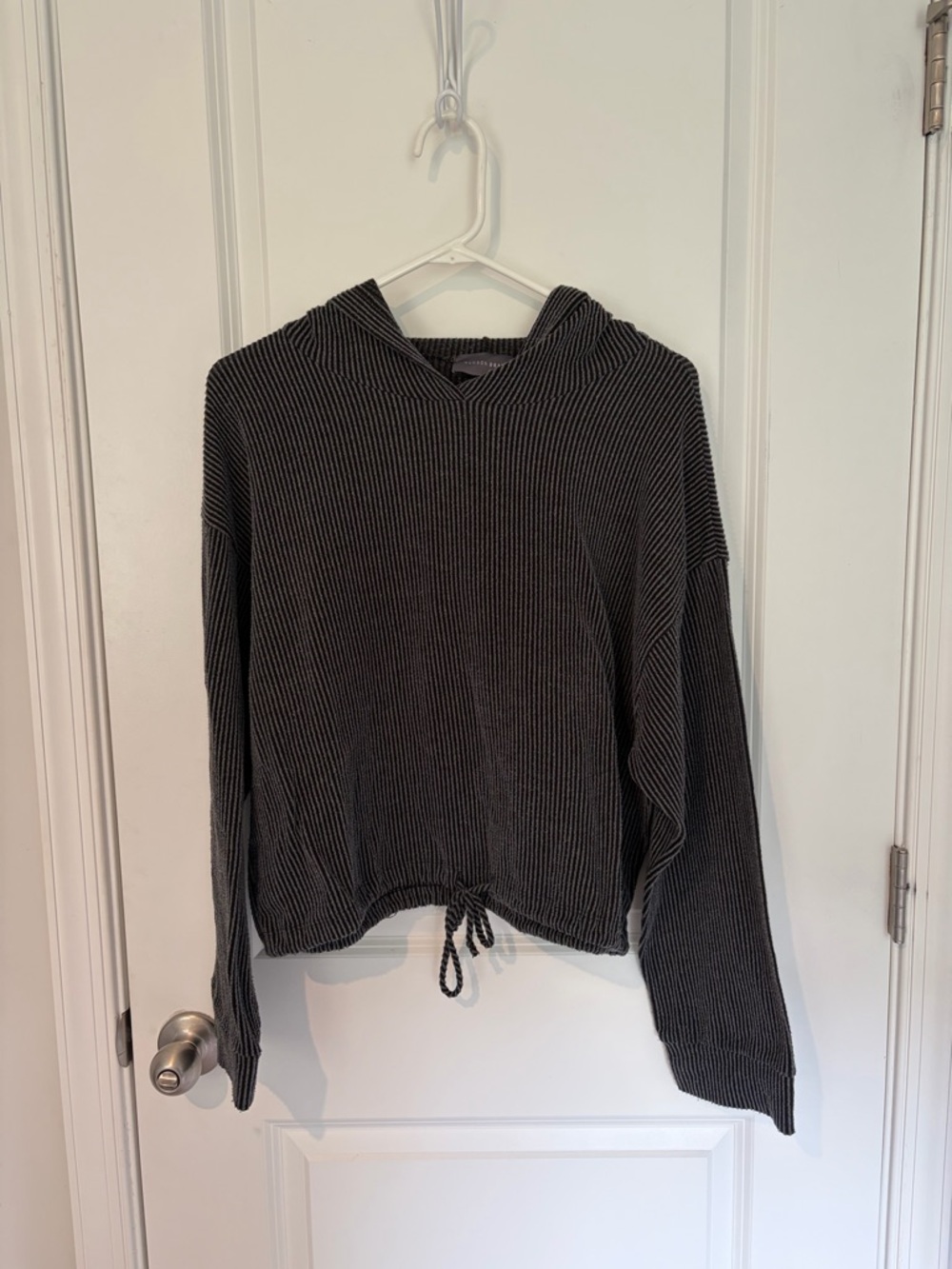 Dark Grey Striped Hooded Drawstring Women's Sweatshirt